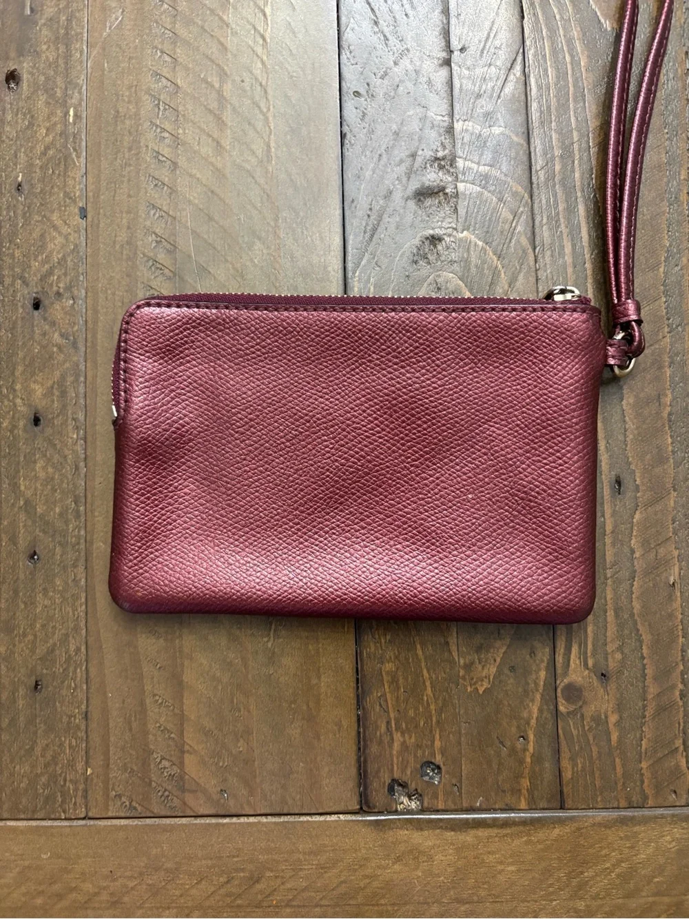 Coach Pebbled Leather Wristlet in Metallic Burgundy